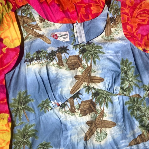 Hilo Hatties 1990s tropical Hawaiian light blue sleeveless sheath dress size 14 - Picture 3 of 15